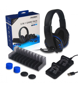 Pack 5 en 1 avec Micro-Casque Stéréo pour PS, Double dock de charge, support de stockage